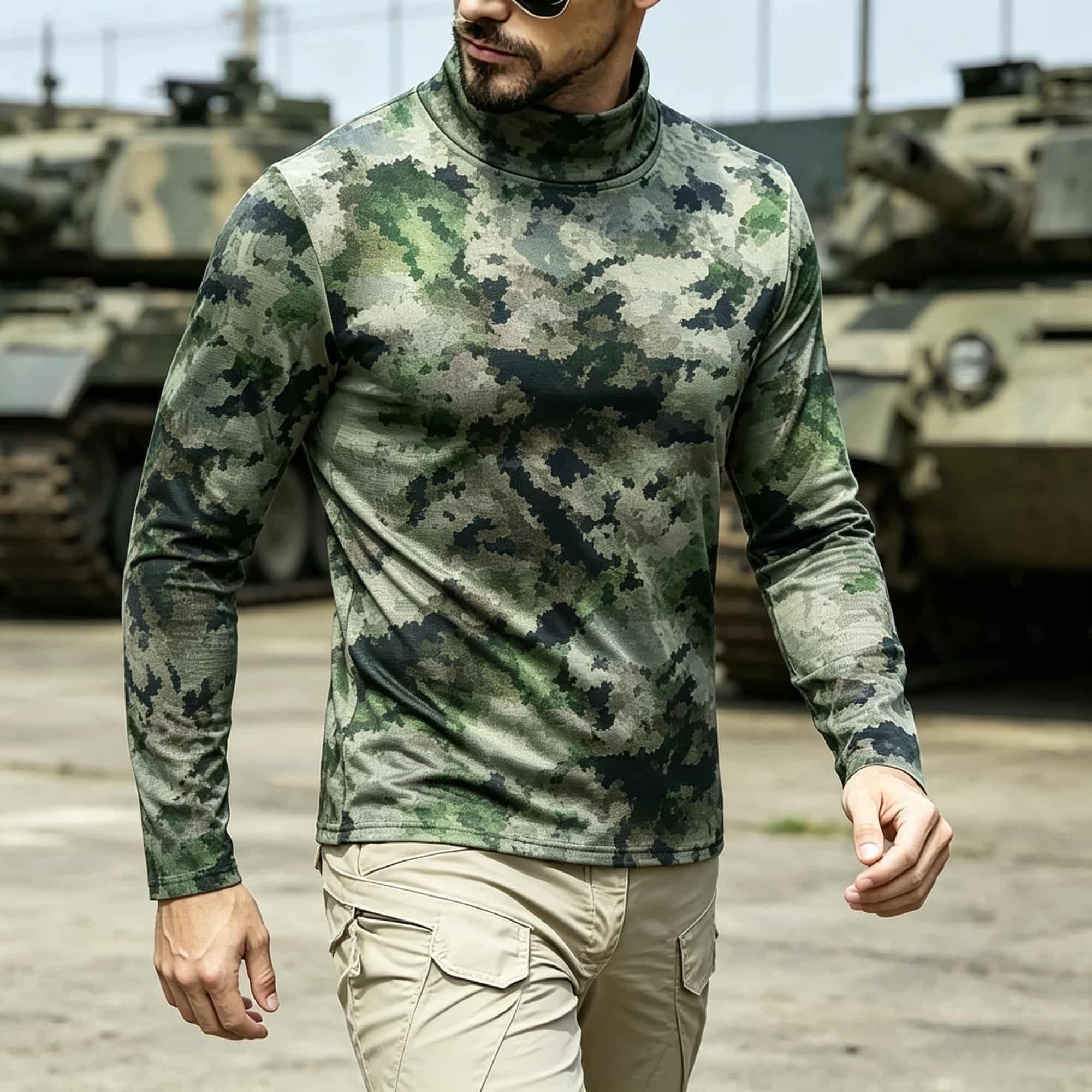Base Layer Top - Erkek Taktik Kamuflaj Baskılı Yarım Yaka